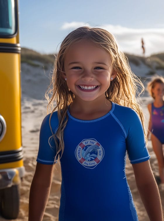 Smiling Girl Arriving At Fitness By The Sea Beach Camp Via Bus Transportation